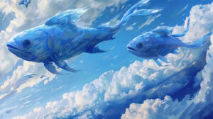 A surreal depiction of oversized blue fish swimming through the sky, their graceful movements mirrored by the clouds below, creating a whimsical and dreamlike atmosphere
