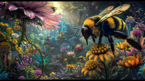 A surreal depiction of oversized bumblebees pollinating fantastical flowers in a whimsical garden filled with vibrant colors