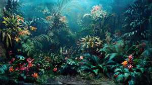 A surreal depiction of oversized jungle plants and flowers, with towering ferns and exotic blooms creating a fantastical botanical wonderland