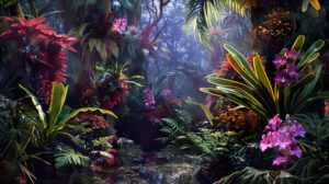 A surreal depiction of towering ferns exotic blooms and oversized jungle plants creates a fantastical botanical wonderland in the wallpaper