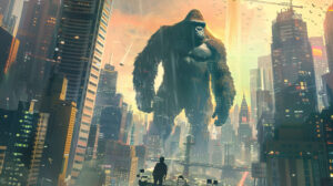 A surreal dreamscape with King Kong standing amidst a forest of skyscrapers, his massive form casting a shadow over the bustling city below