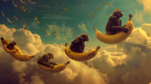 A surreal dreamscape with chimpanzees flying through the sky on giant bananas, their laughter echoing as they soar through the clouds
