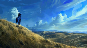 A surreal landscape with a majestic blue dog standing proudly atop a hill, overlooking a vast expanse of rolling hills and blue skies