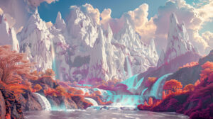 A surreal landscape with towering mountains and cascading waterfalls, inspired by the mythical realm of Atlas