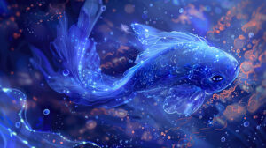 A surreal underwater world with bioluminescent creatures, including blue fish with glowing patterns and ethereal beauty