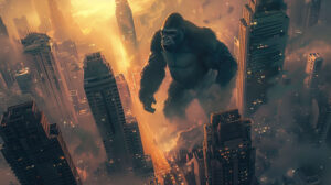 A surreal wallpaper featuring King Kong towering over a cityscape of skyscrapers casting a shadow on the bustling metropolis below