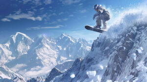 A thrilling action shot of a snowboarder catching air off a jump, with snowy mountains and a clear blue sky in the background