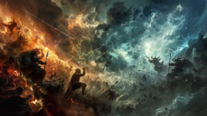A thrilling depiction of a grand clash from Norse mythology showcasing gods and giants engaged in intense combat amidst roaring clouds and flashing lightning