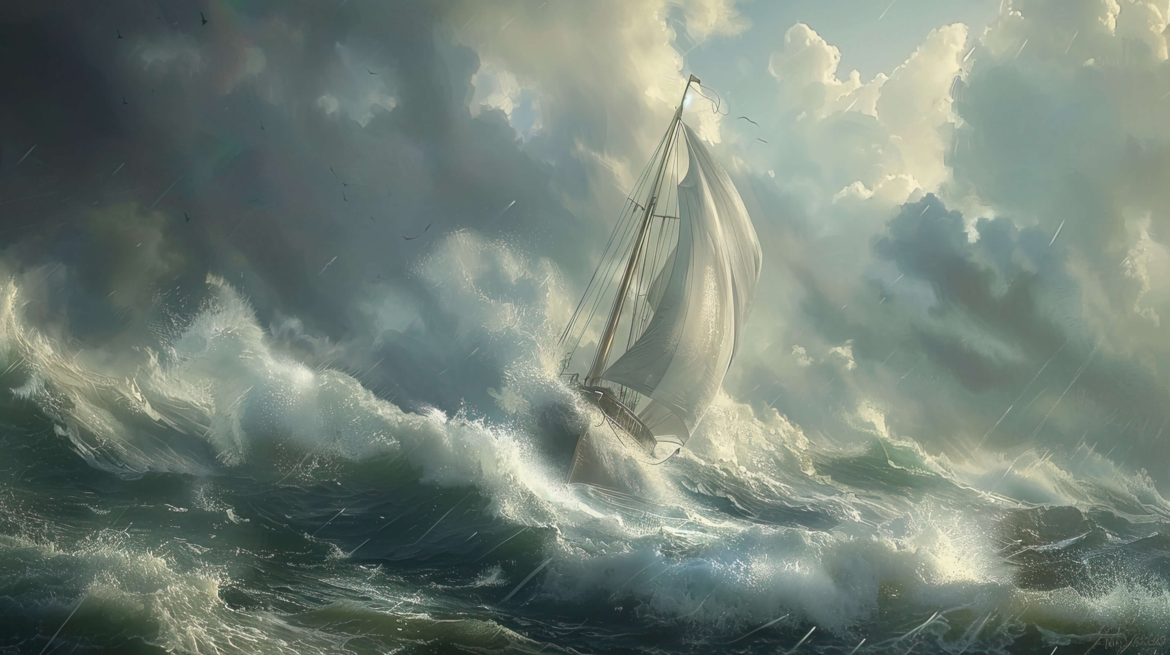 A thrilling wallpaper capturing a sailboat battling through turbulent seas its crew facing fierce waves and strong winds