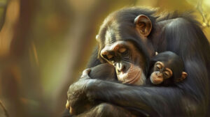 A touching wallpaper capturing a chimpanzee mother lovingly holding her baby their strong bond clear in their tender embrace