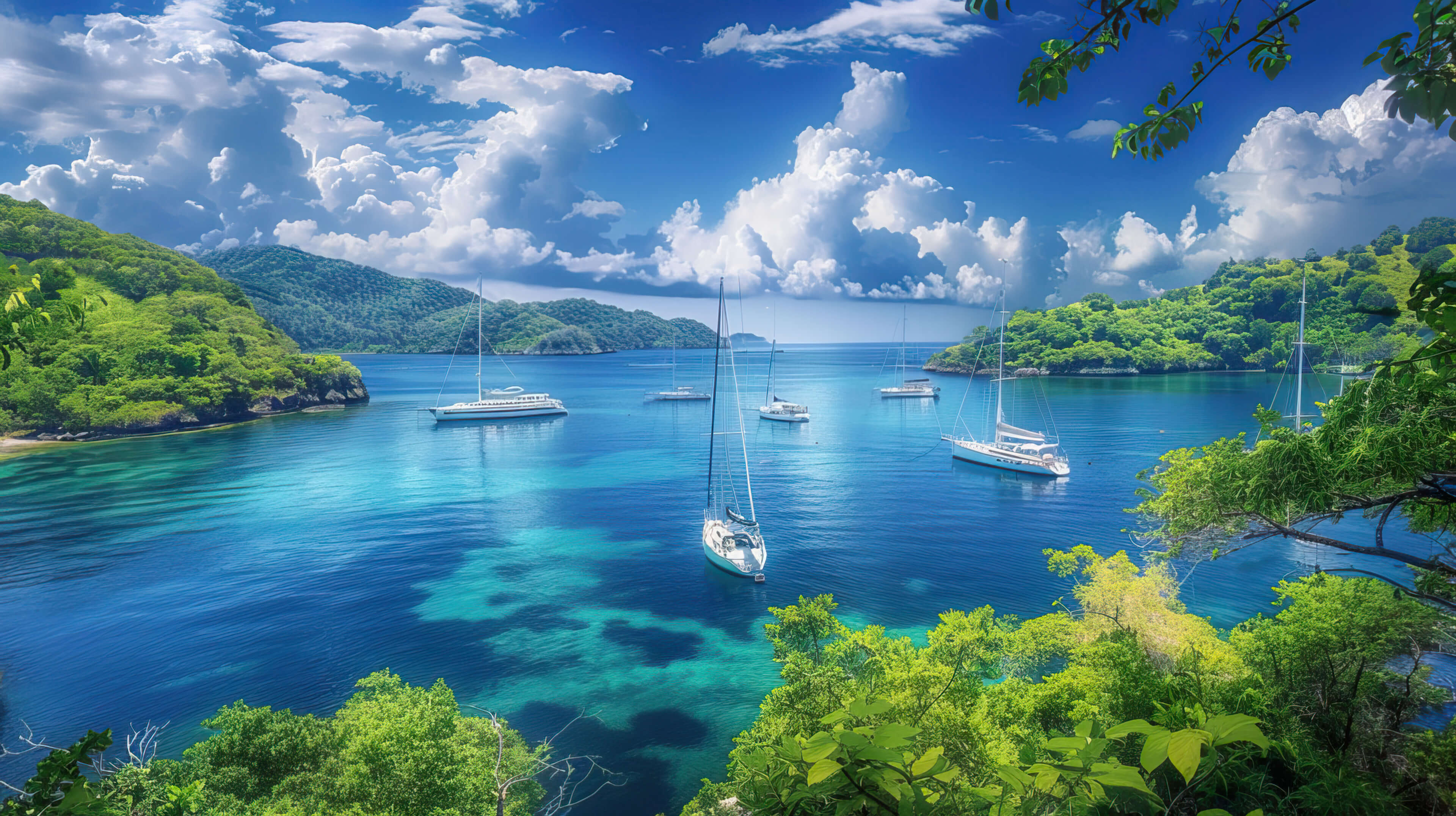 A tranquil bay dotted with sailboats at anchor, their masts standing tall against a backdrop of lush green hills and clear blue waters