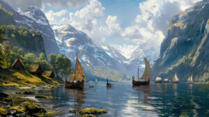 A tranquil fjord setting Viking longhouses along the shore and dragon adorned ships sailing on peaceful waters decorate this wallpaper