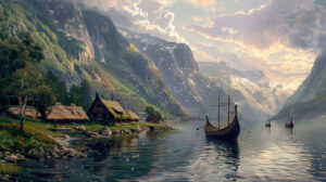 A tranquil fjord setting featuring Viking longhouses along the coast and dragon adorned ships sailing smoothly on peaceful waters is captured in this wallpaper