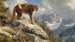 A tranquil mountain setting enhanced by a majestic cougar observing its domain from a rocky overlook with grace and assurance