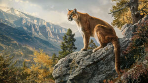 A tranquil mountain view showcasing a cougar on a rocky ledge observing its domain with majestic grace and assurance is captured in this wallpaper