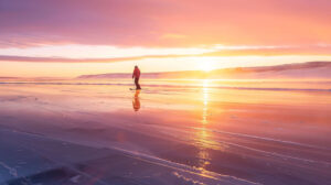 A tranquil portrayal of a snowboarder effortlessly gliding on a frozen lake at sunset with vibrant orange and pink hues dancing on the icy surface in a photograph named Frozen Sunset Glider.jpg