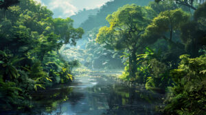 A tranquil river winding its way through the heart of the jungle, flanked by towering trees and lush vegetation teeming with life