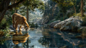 A tranquil riverside scene with a cougar drinking from a crystal clear stream, its reflection shimmering in the cool water