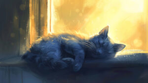 A tranquil scene of a blue cat relaxing in a sunlit window its fur aglow with golden rays of light