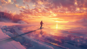 A tranquil scene of a snowboarder gracefully moving across a frozen lake under the colorful hues of a sunset reflected on the icy surface