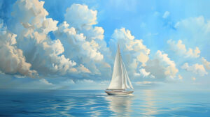 A tranquil seascape featuring a sailboat smoothly traversing peaceful waters its white sails gracefully catching the soft breeze under clear blue skies with fluffy clouds