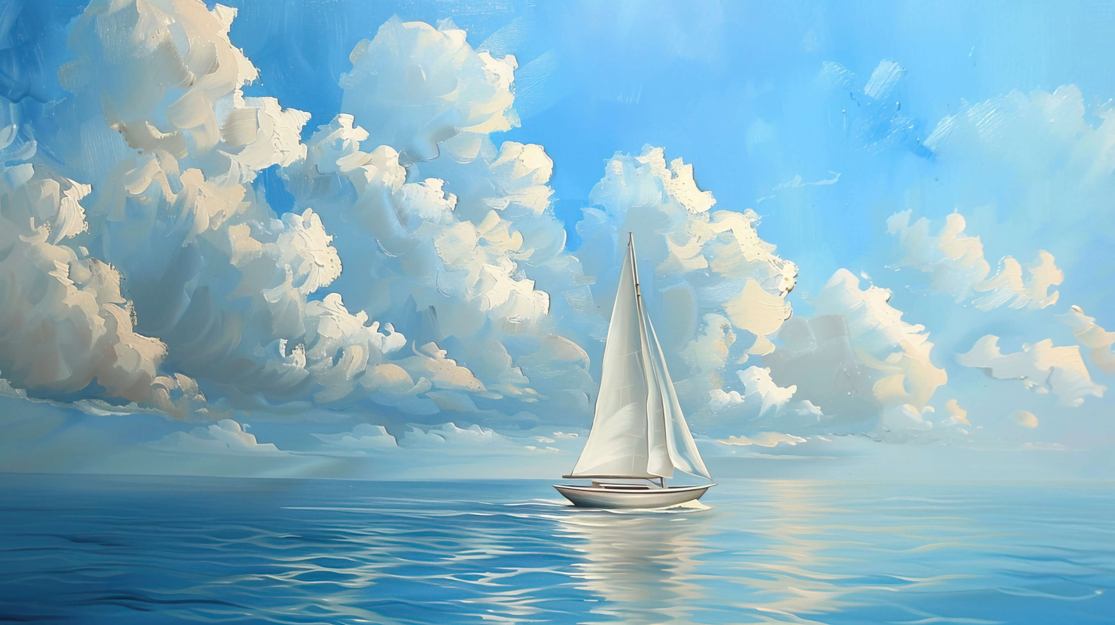 A tranquil seascape featuring a sailboat smoothly traversing peaceful waters its white sails gracefully catching the soft breeze under clear blue skies with fluffy clouds