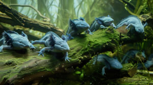 A tranquil underwater wallpaper captures a serene aquarium with blue axolotls relaxing on mossy logs and sunken branches their whimsical charm enhancing the scene