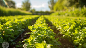 A tranquil wallpaper captures a serene garden setting with mint plants neatly aligned in rows their fragrant leaves swaying in the gentle breeze