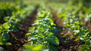 A tranquil wallpaper featuring a garden scene with mint plants flourishing in meticulously arranged rows their aromatic leaves gently swaying in the breeze