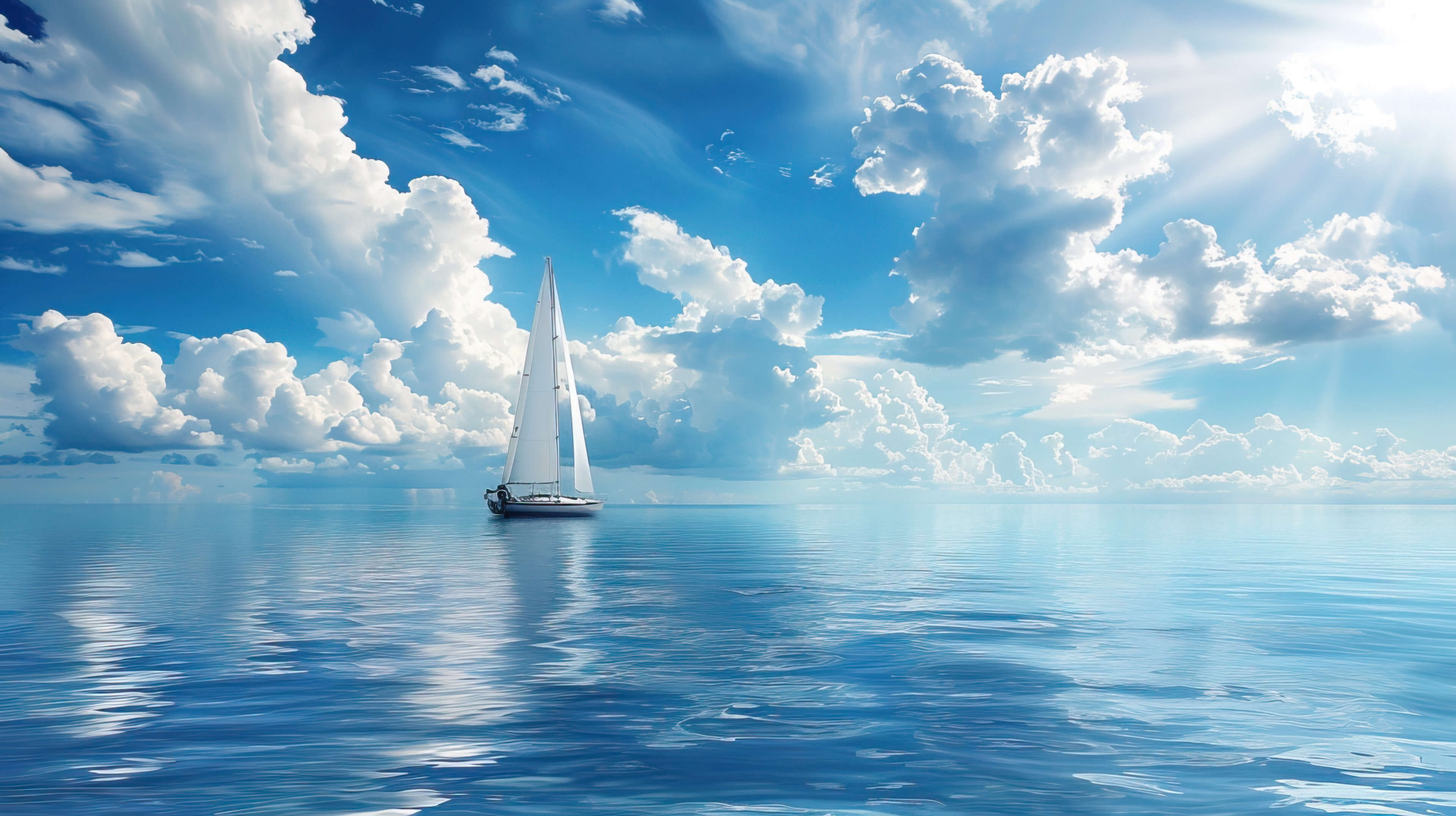 A tranquil wallpaper of a sailboat cruising peacefully on serene waters its white sails catching the gentle breeze under a backdrop of blue skies and fluffy clouds