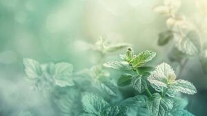 A tranquil wallpaper with mint leaves strewn across a canvas of gentle pastel tones creating an abstract sense of calm and serenity