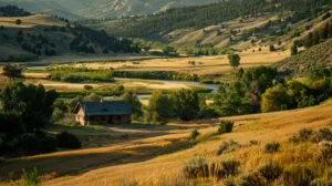 A tranquil wooden cabin set amidst fields of wheat in a verdant valley with a gentle river meandering close by is captured in the wallpaper titled Rustic Haven
