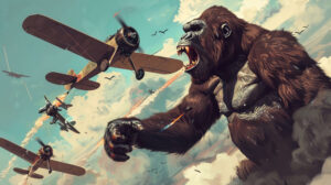 A tribute to a classic movie poster showing King Kong protecting a distressed woman from attacking biplanes in a nostalgic setting
