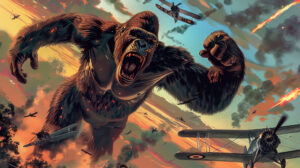 A tribute to the vintage movie poster See King Kong protectively holding a distressed woman while battling swooping biplanes in this wallpaper