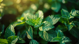 A vibrant green mint plant bathed in sunlight its fresh fragrance released by the leaves in a close up view