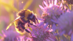 A vibrant purple flower serves as the backdrop for a bumblebee collecting nectar its fuzzy body and delicate wings illuminated by sunlight in this wallpaper file named bee in bloom.jpg