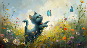 A vibrant wallpaper capturing a joyous blue cat playfully chasing butterflies among wildflowers its tail raised in anticipation