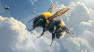 A vibrant wallpaper capturing the essence of a bumblebee in motion showcasing its distinct black and yellow stripes against a backdrop of blue skies and fluffy clouds