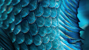 A vibrant wallpaper capturing the intricate patterns of a blue fishs scales and fins highlighting the stunning beauty and variety of marine life