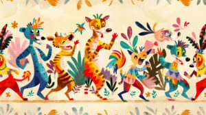 A vibrant wallpaper featuring cartoon animals joyfully dancing in a conga line swaying their tails and tapping their feet to the lively music beat