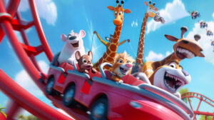 A vibrant wallpaper showcases cartoon animals joyfully riding a roller coaster their expressions brimming with excitement as they whiz through loops and twists