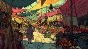 A vibrant wallpaper showcasing a lively market scene with vendors selling colorful fruits vegetables and various goods from decorated stalls
