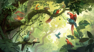 A vibrant wallpaper showcasing jungle animals frolicking in the treetops swinging from vines with colorful plumage and lively antics