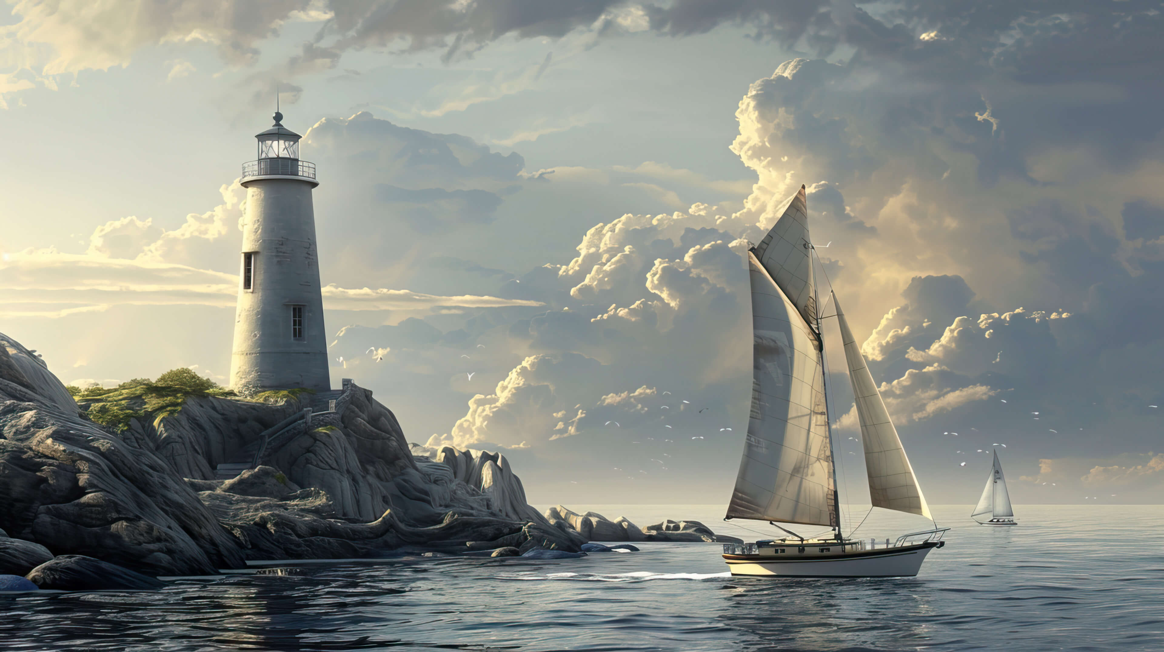 A vintage sailboat gracefully passes by a lighthouse on a rugged coastline evoking feelings of maritime history and romance in Nautical Memories