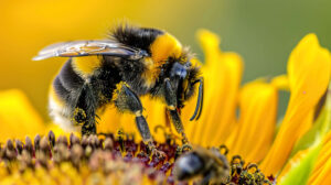 A vivid wallpaper showcasing a bumblebee gathering pollen from a sunny yellow sunflower with its fluffy body adorned in golden grains