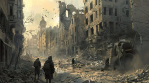 A wallpaper capturing a gritty urban scene with bombed out structures and streets scattered with rubble showcasing the devastation caused by war