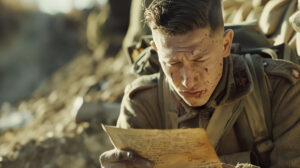 A wallpaper capturing a soldier engrossed in a letter from home revealing a blend of happiness and sadness in his expression as he seeks solace in the messages from his dear ones