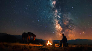 A wallpaper capturing a solitary cowboy beside a campfire under a starlit sky accompanied by his loyal horse with distant mountains on the horizon in silhouette