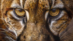 A wallpaper capturing the focused golden eyed gaze of a cougar in a close up portrait