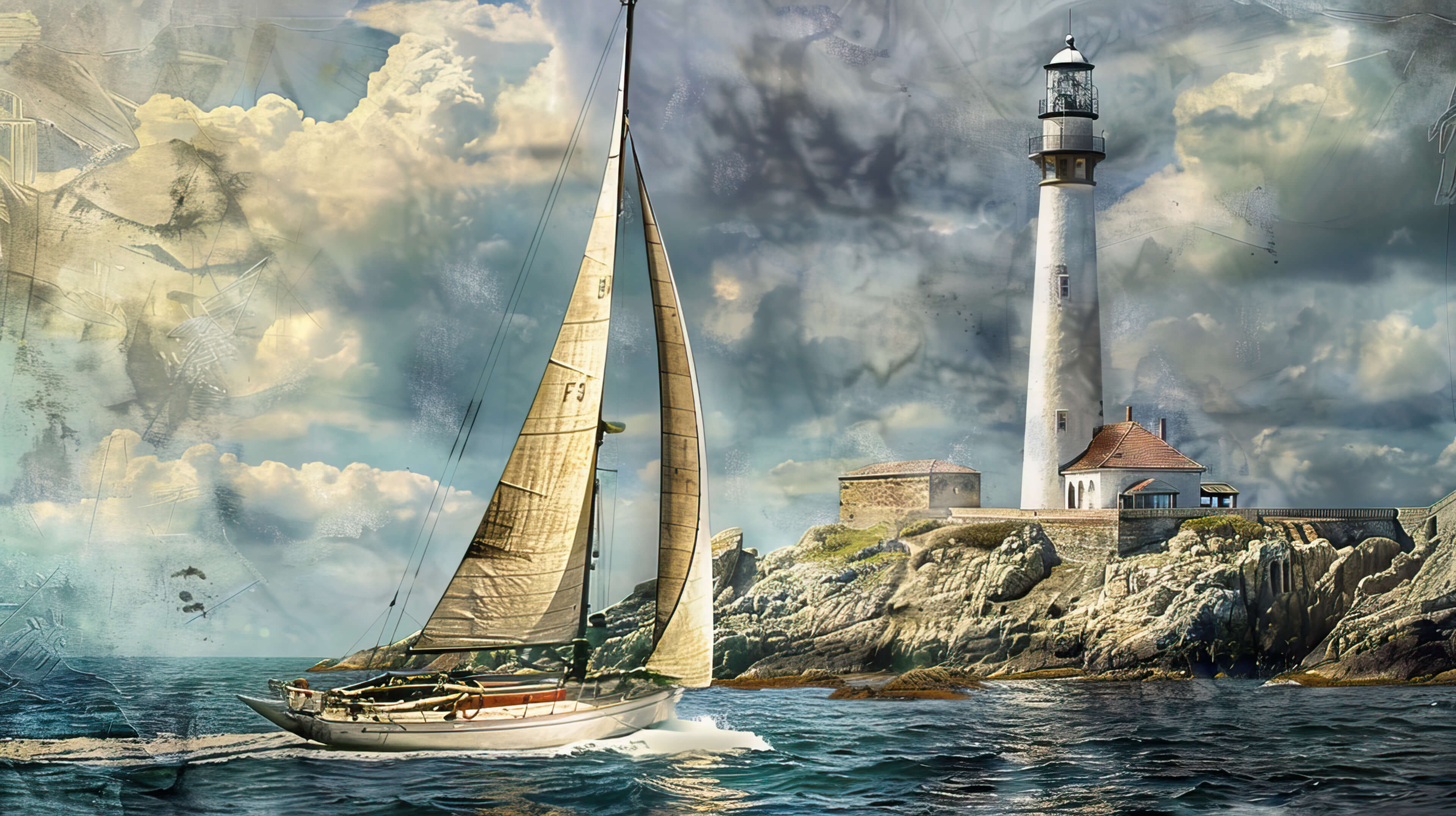 A wallpaper featuring a classic sailboat passing by a lighthouse on a rugged coast invoking feelings of maritime nostalgia and romance